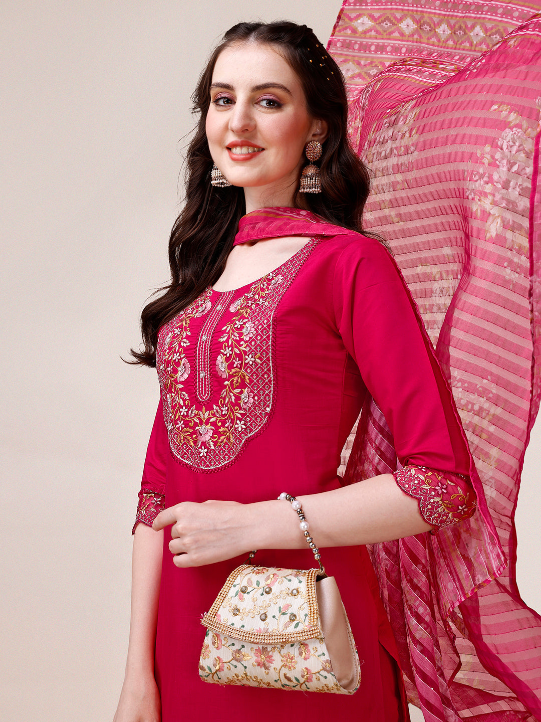 Embroidered Kurta With Pant And Printed Organza Dupatta, Multicolor - Hiral Fashion