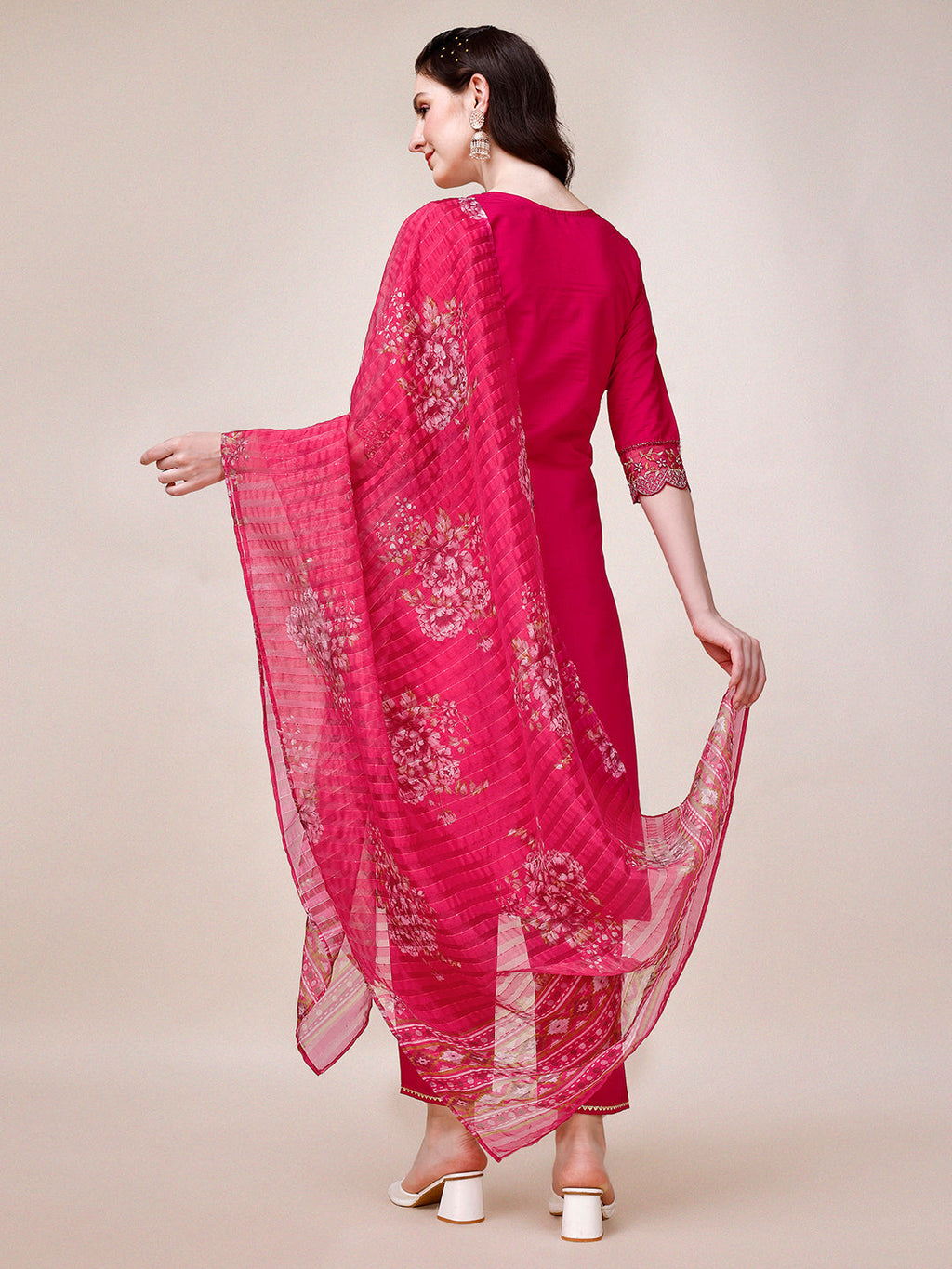 Embroidered Kurta With Pant And Printed Organza Dupatta, Multicolor - Hiral Fashion