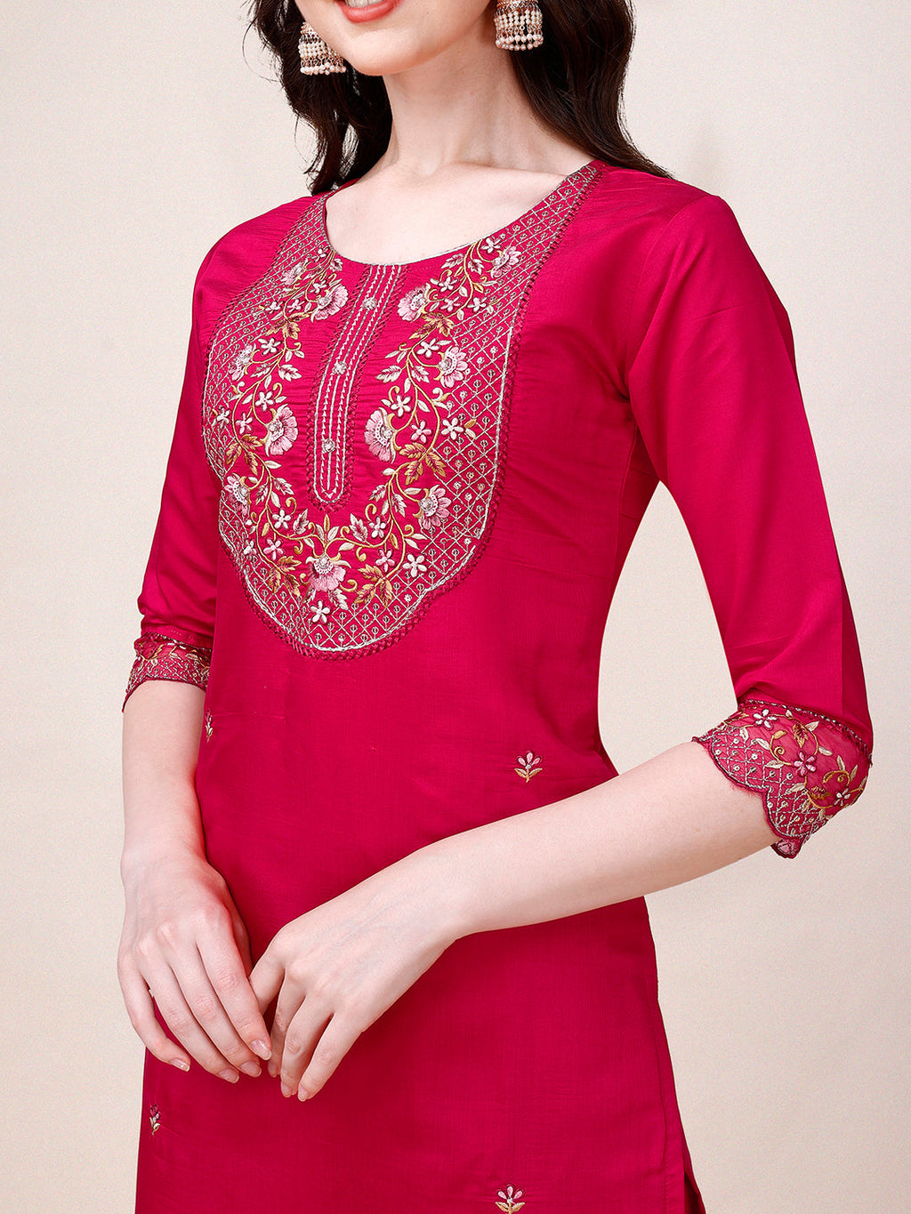 Embroidered Kurta With Pant And Printed Organza Dupatta, Multicolor - Hiral Fashion