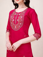 Embroidered Kurta With Pant And Printed Organza Dupatta, Multicolor - Hiral Fashion