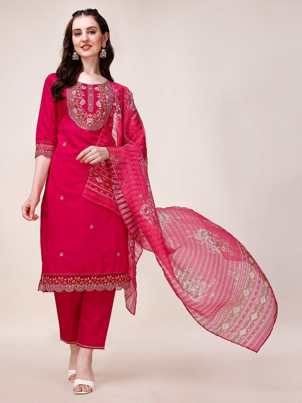 Embroidered Kurta With Pant And Printed Organza Dupatta, Multicolor - Hiral Fashion