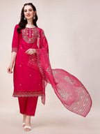 Embroidered Kurta With Pant And Printed Organza Dupatta, Multicolor - Hiral Fashion