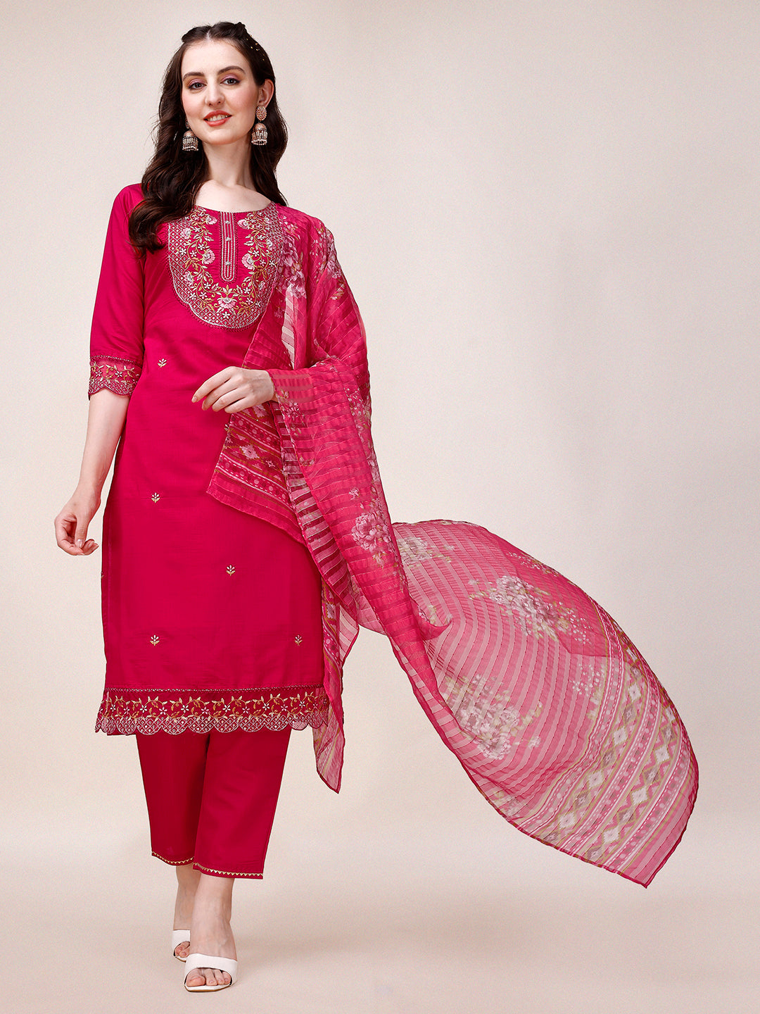 Embroidered Kurta With Pant And Printed Organza Dupatta, Multicolor - Hiral Fashion