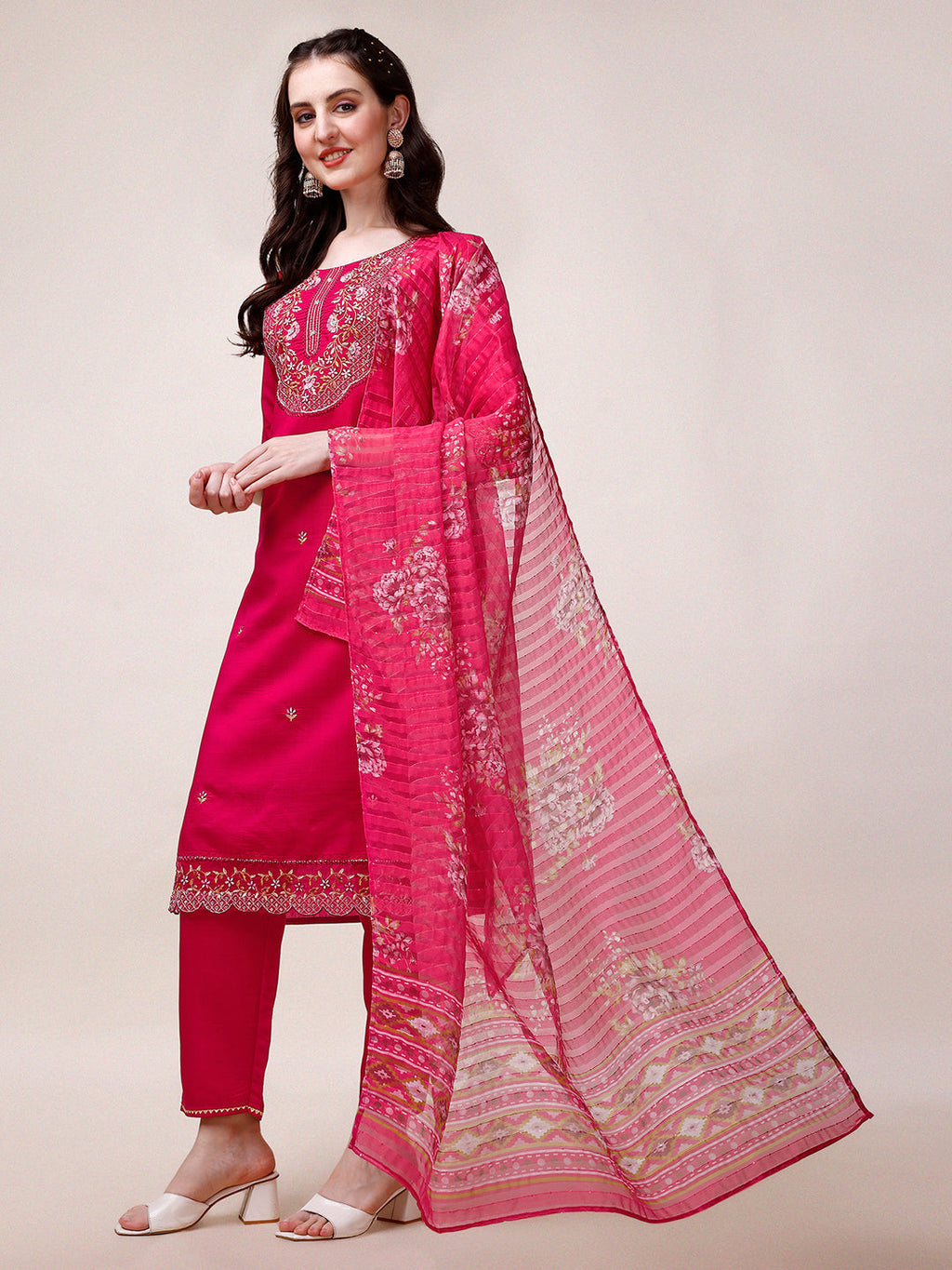 Embroidered Kurta With Pant And Printed Organza Dupatta, Multicolor - Hiral Fashion