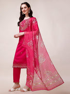 Embroidered Kurta With Pant And Printed Organza Dupatta, Multicolor - Hiral Fashion