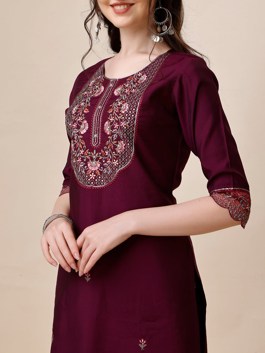 Hand Embroidered Kurta With Pant And Organza Printed Dupatta Set, Multicolor - Hiral Fashion