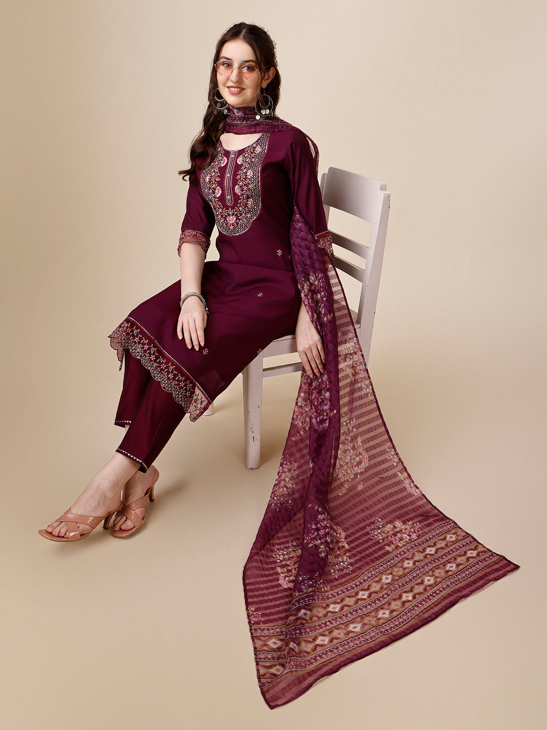 Hand Embroidered Kurta With Pant And Organza Printed Dupatta Set, Multicolor - Hiral Fashion