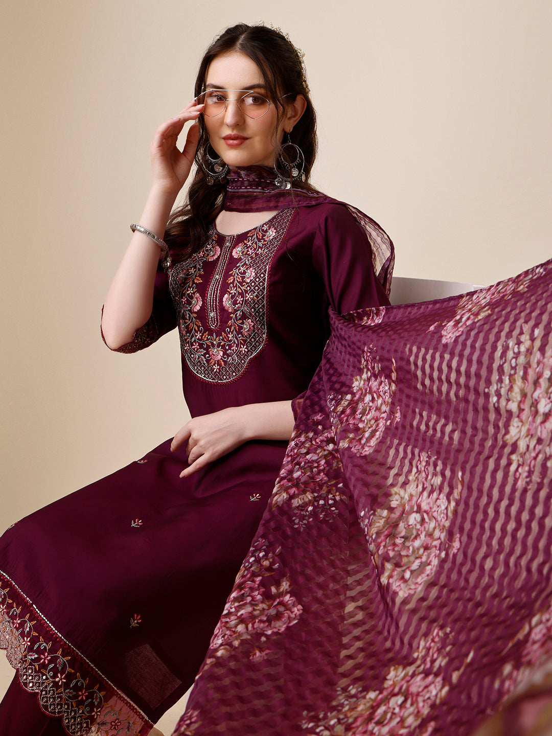 Hand Embroidered Kurta With Pant And Organza Printed Dupatta Set, Multicolor - Hiral Fashion