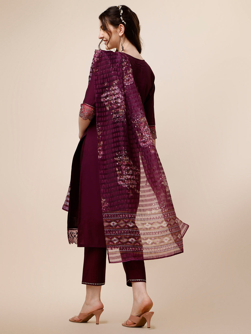 Hand Embroidered Kurta With Pant And Organza Printed Dupatta Set, Multicolor - Hiral Fashion