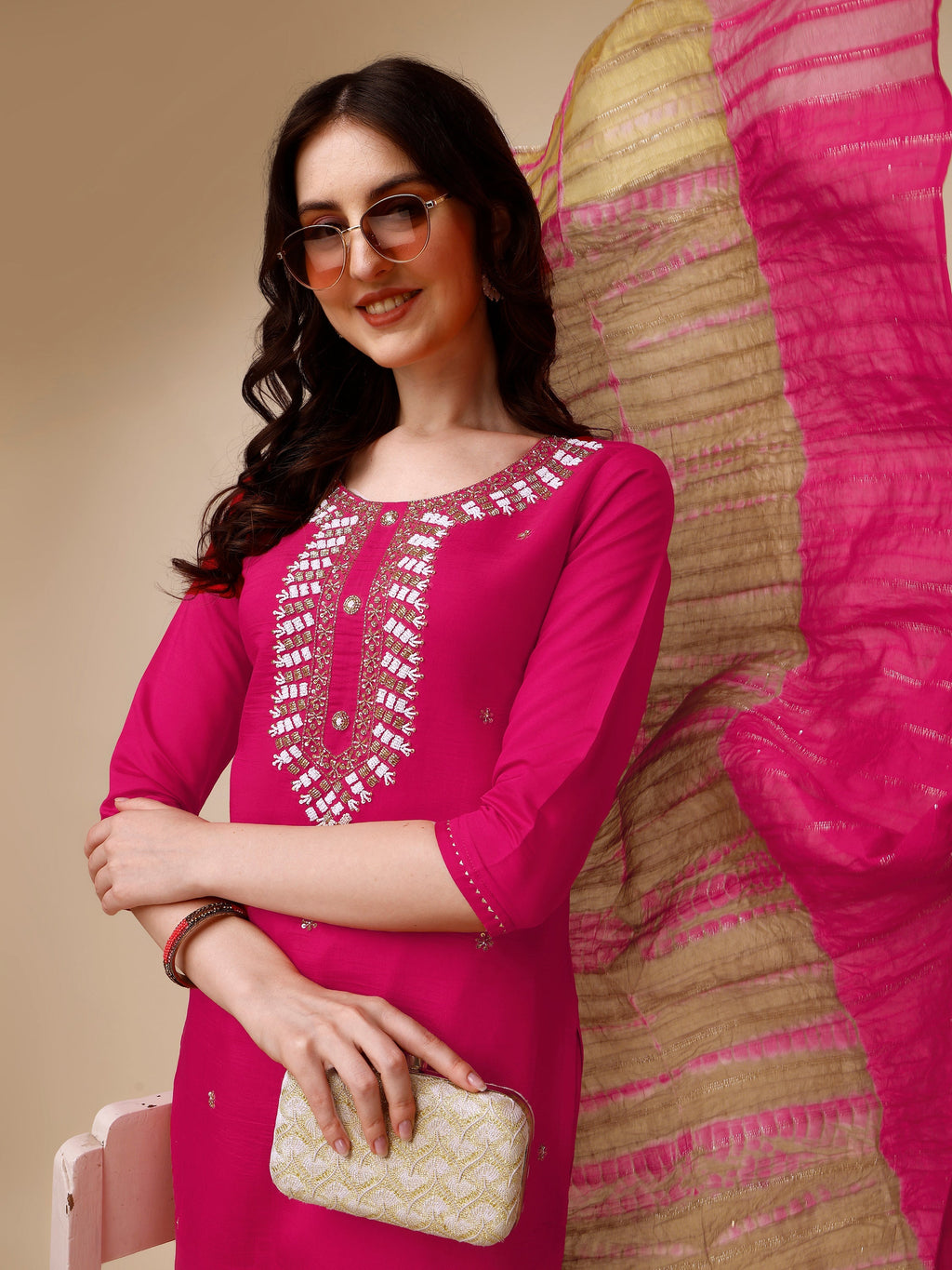 Hand Embroidered Kurta With Pant And Dupatta Set, Multicolor - Hiral Fashion - Distacart