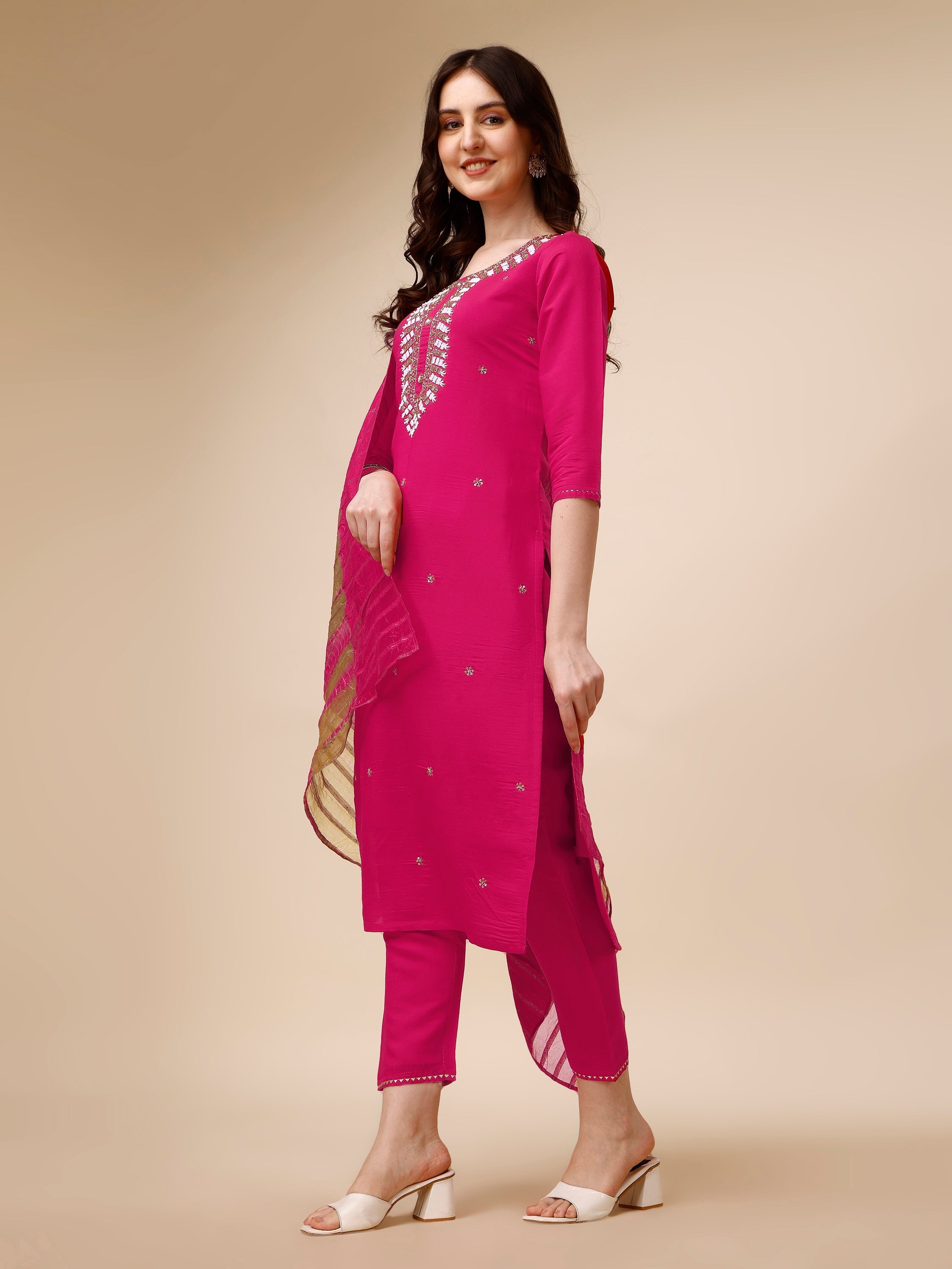 Hand Embroidered Kurta With Pant And Dupatta Set, Multicolor - Hiral Fashion - Distacart