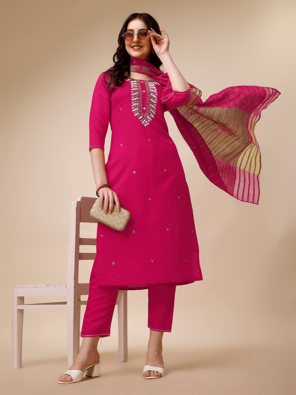 Hand Embroidered Kurta With Pant And Dupatta Set, Multicolor - Hiral Fashion - Distacart