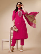 Hand Embroidered Kurta With Pant And Dupatta Set, Multicolor - Hiral Fashion - Distacart