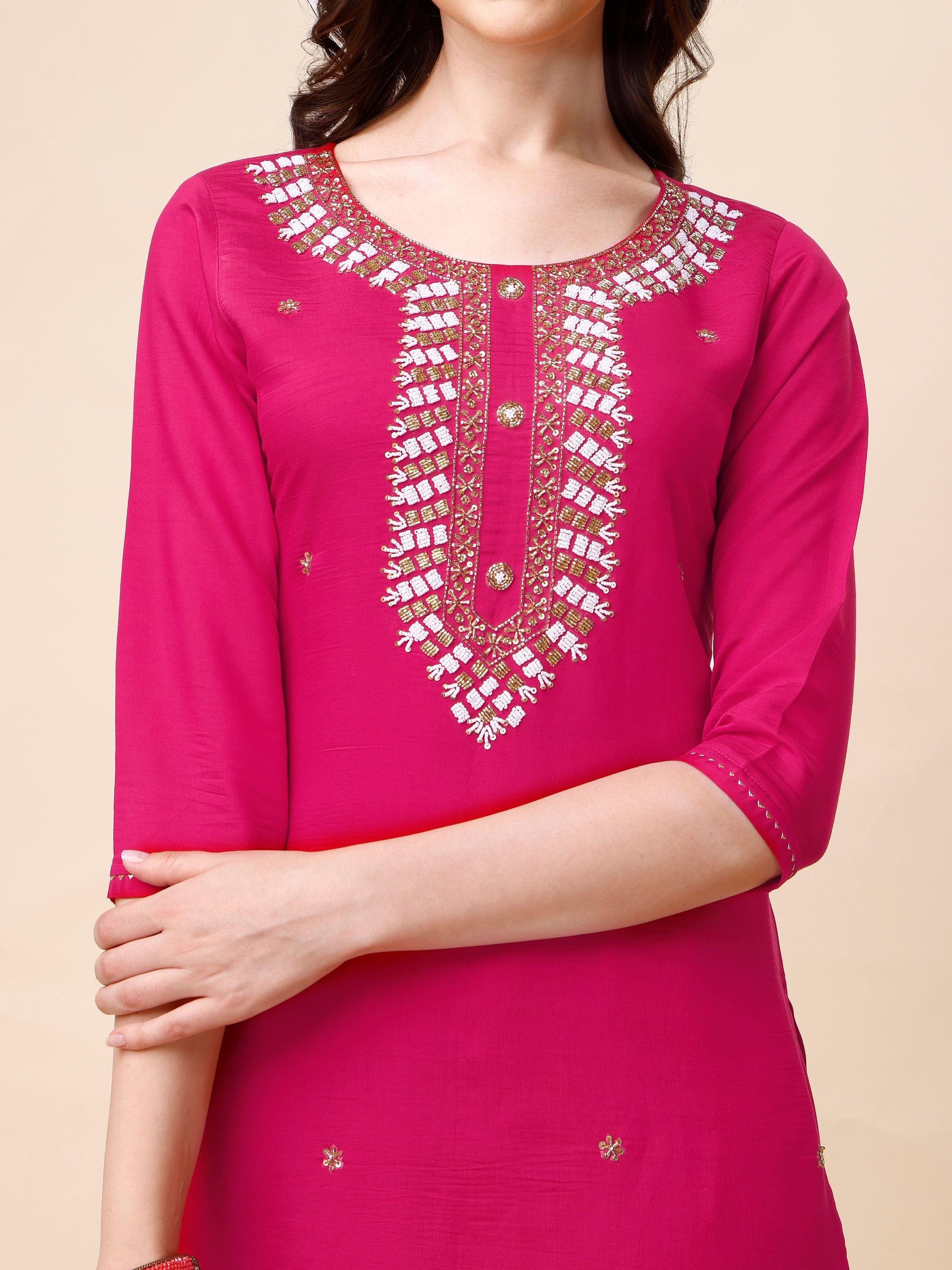 Hand Embroidered Kurta With Pant And Dupatta Set, Multicolor - Hiral Fashion - Distacart