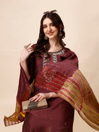Hand Embroidered Kurta With Pant And Dupatta Set, Multicolor - Hiral Fashion - Distacart