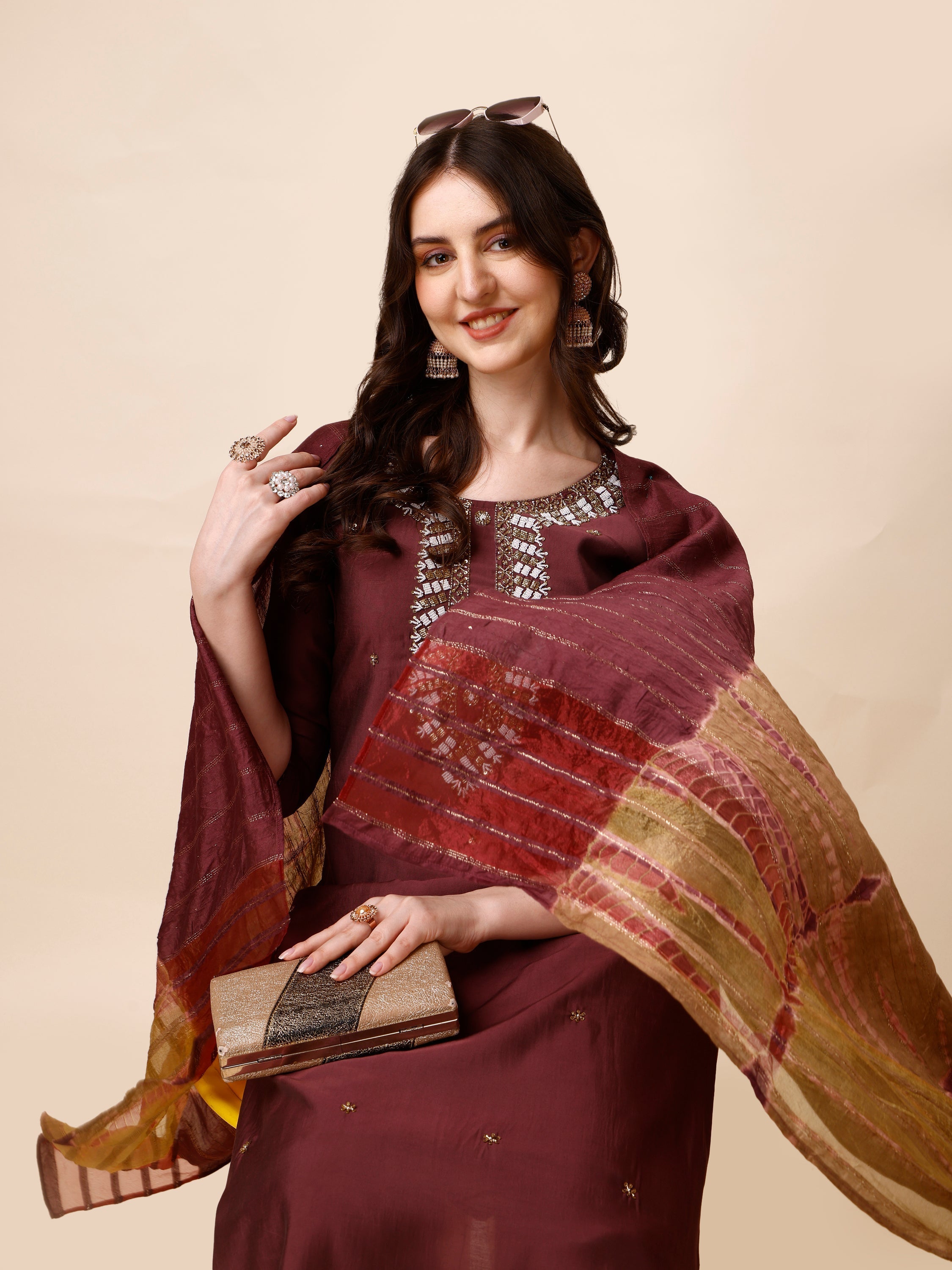 Hand Embroidered Kurta With Pant And Dupatta Set, Multicolor - Hiral Fashion - Distacart