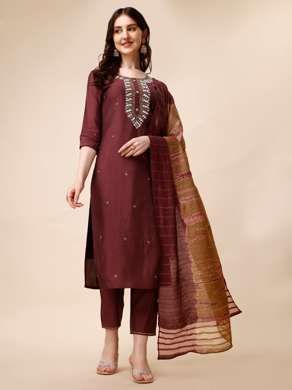 Hand Embroidered Kurta With Pant And Dupatta Set, Multicolor - Hiral Fashion - Distacart
