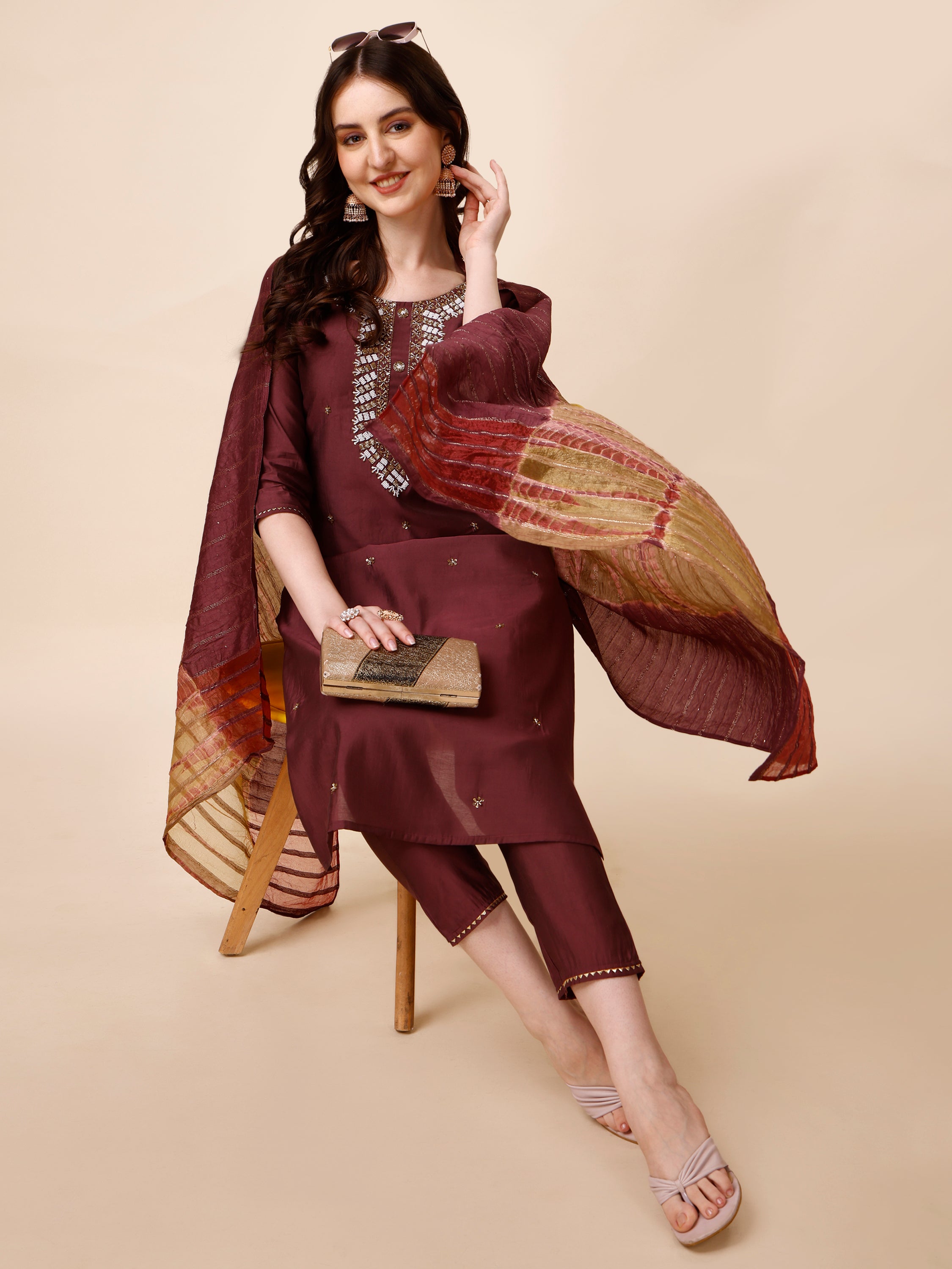 Hand Embroidered Kurta With Pant And Dupatta Set, Multicolor - Hiral Fashion - Distacart