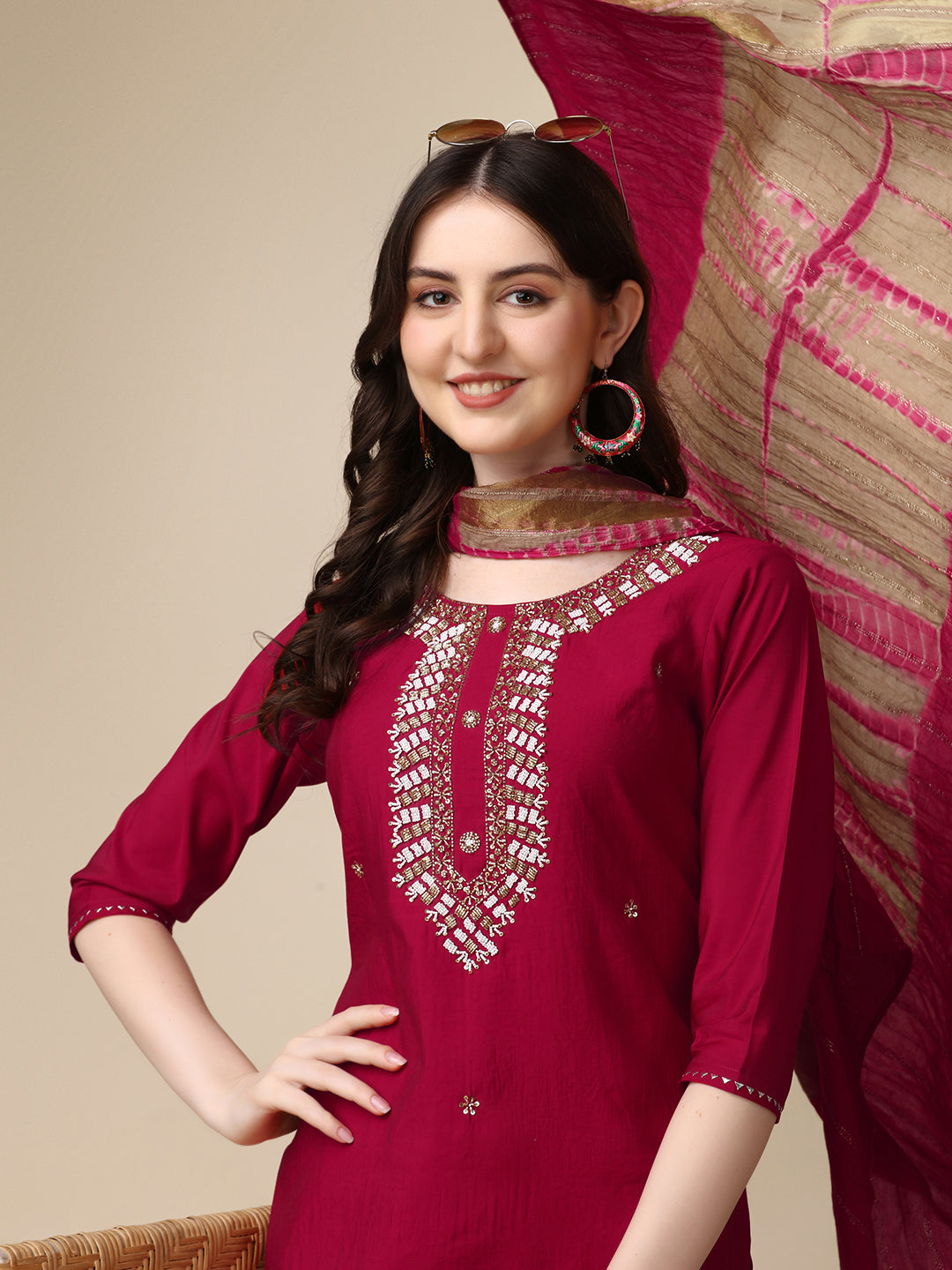 Hand Embroidered Kurta With Pant And Dupatta Set, Multicolor - Hiral Fashion - Distacart