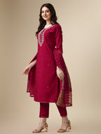 Hand Embroidered Kurta With Pant And Dupatta Set, Multicolor - Hiral Fashion - Distacart