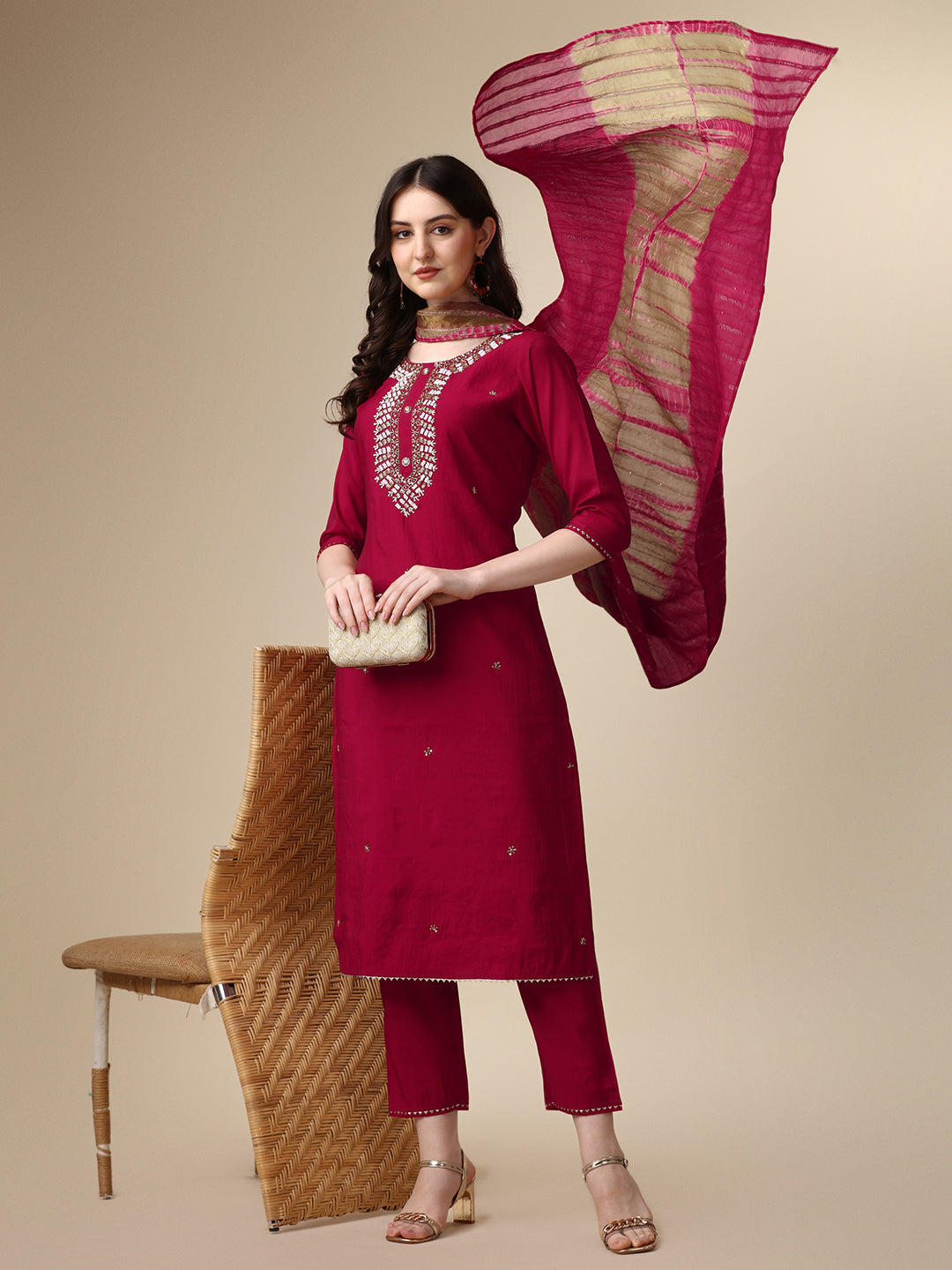 Hand Embroidered Kurta With Pant And Dupatta Set, Multicolor - Hiral Fashion - Distacart