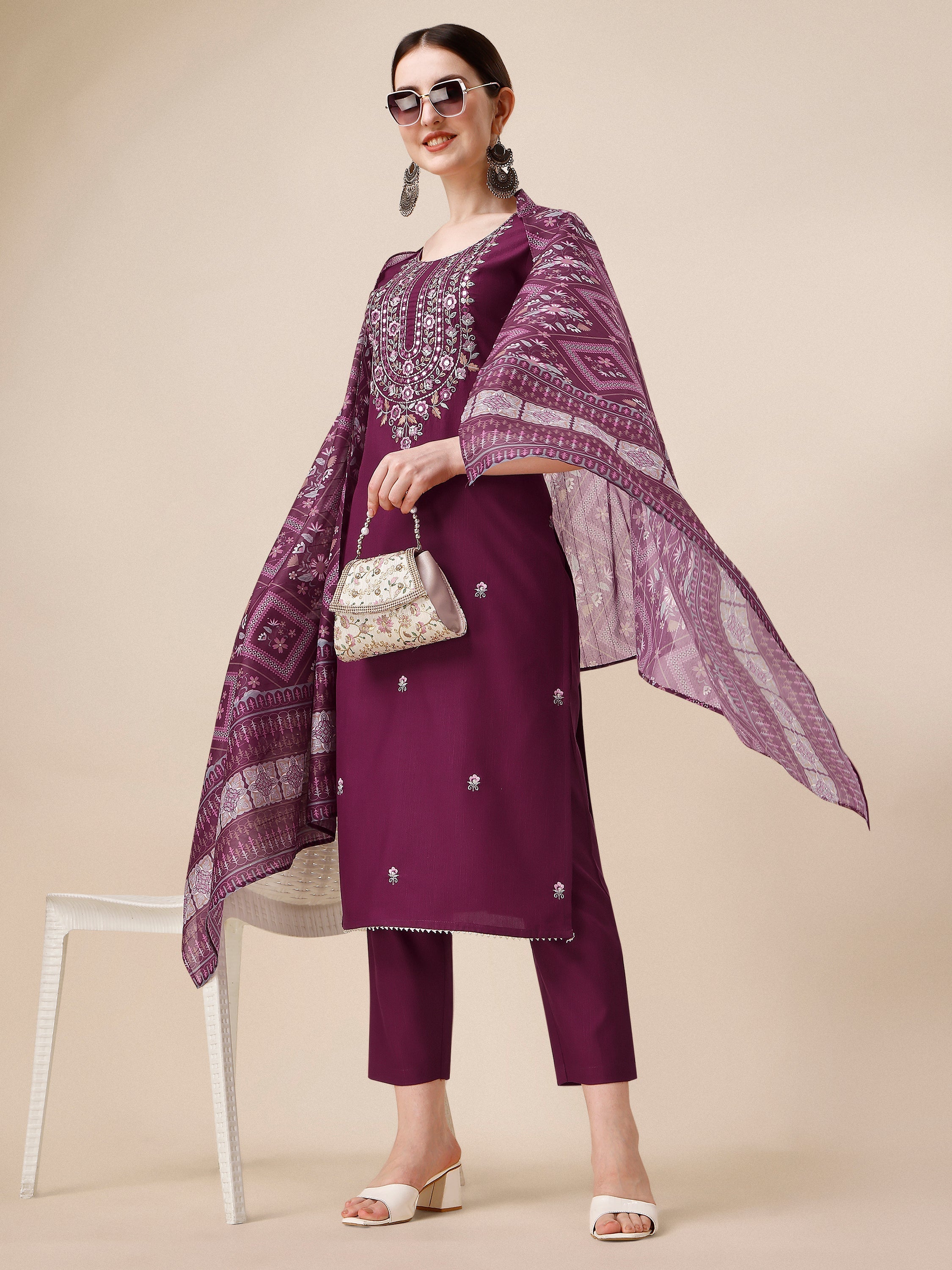 Embroidered Kurta With Pant & Printed Dupatta, Multicolor - Hiral Fashion - Distacart