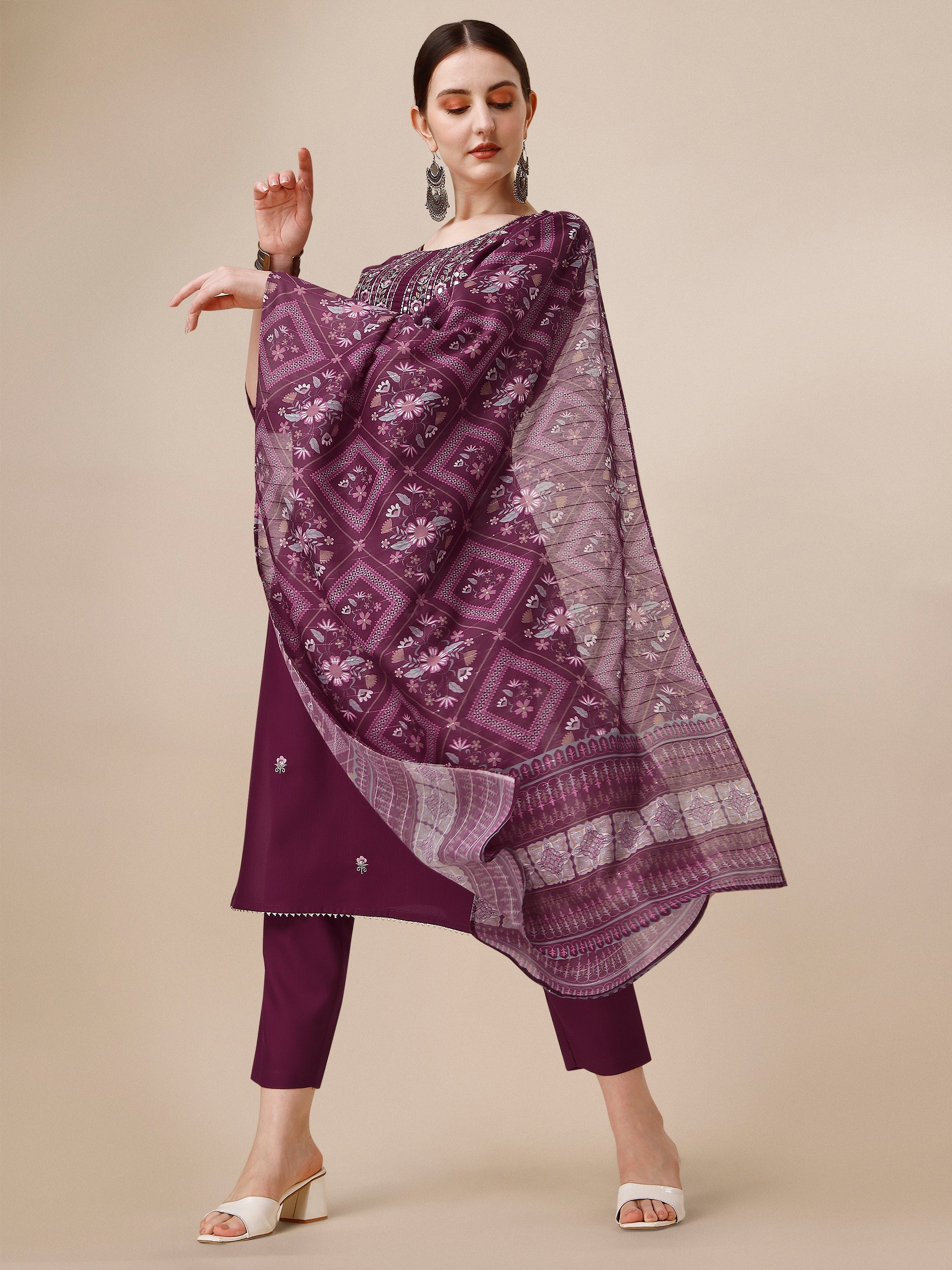 Embroidered Kurta With Pant & Printed Dupatta, Multicolor - Hiral Fashion - Distacart