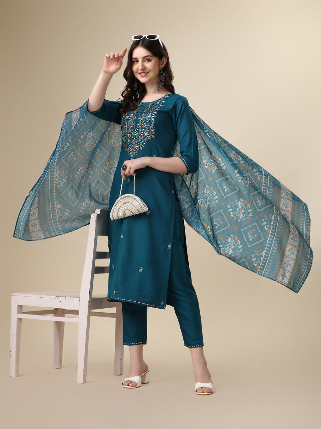 Embroidered Kurta With Pant And Printed Dupatta Set, Multicolor - Hiral Fashion - Distacart