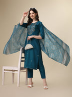 Embroidered Kurta With Pant And Printed Dupatta Set, Multicolor - Hiral Fashion - Distacart