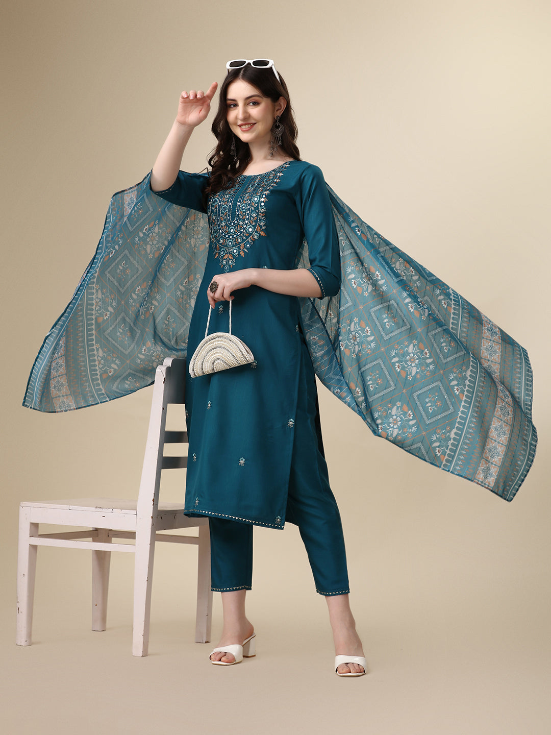 Embroidered Kurta With Pant And Printed Dupatta Set, Multicolor - Hiral Fashion - Distacart