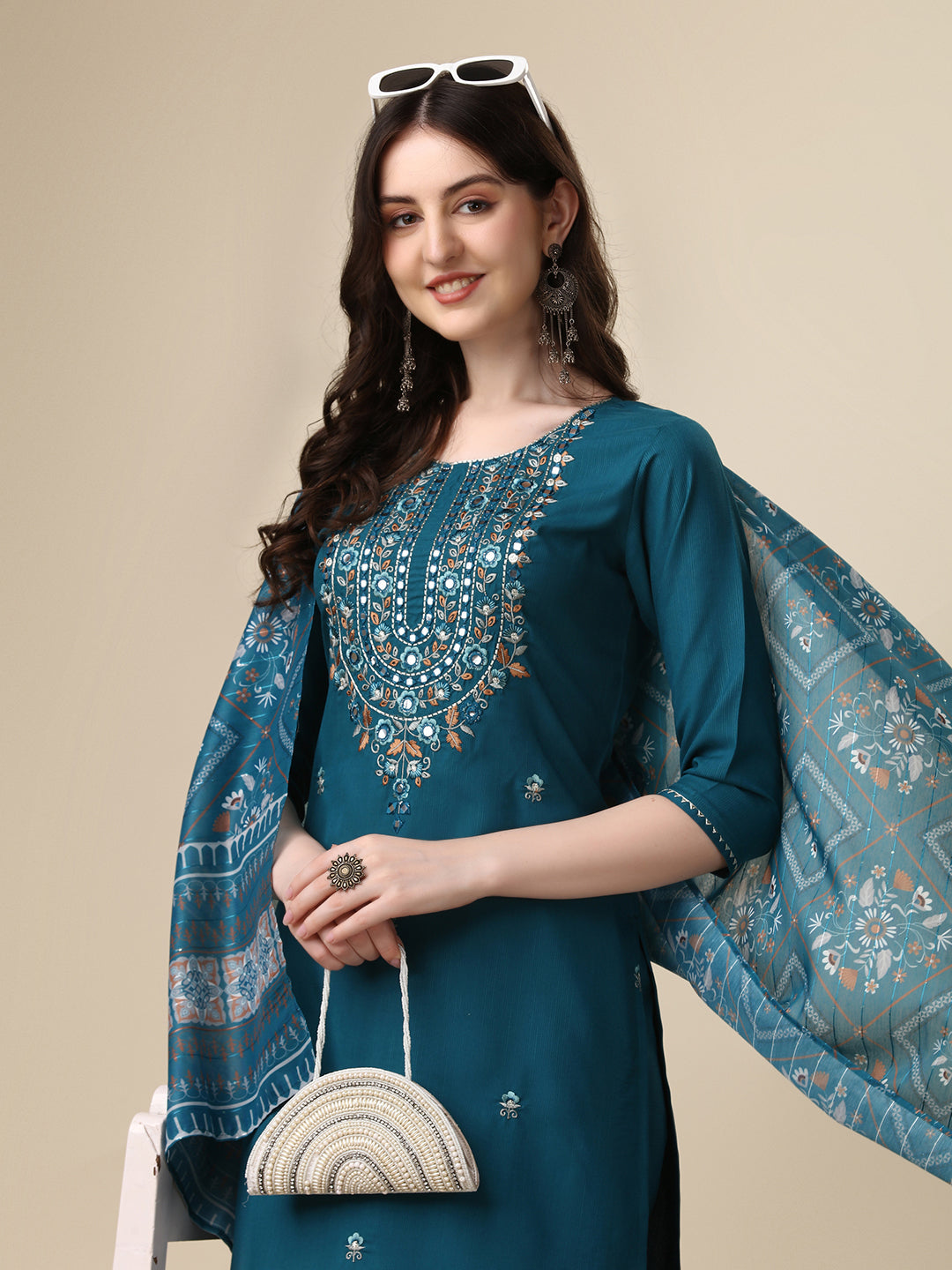 Embroidered Kurta With Pant And Printed Dupatta Set, Multicolor - Hiral Fashion - Distacart