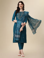 Embroidered Kurta With Pant And Printed Dupatta Set, Multicolor - Hiral Fashion - Distacart