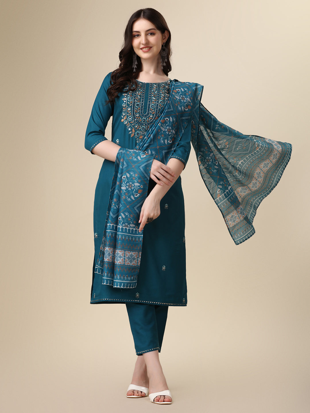 Embroidered Kurta With Pant And Printed Dupatta Set, Multicolor - Hiral Fashion - Distacart