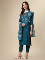 Embroidered Kurta With Pant And Printed Dupatta Set, Multicolor - Hiral Fashion - Distacart
