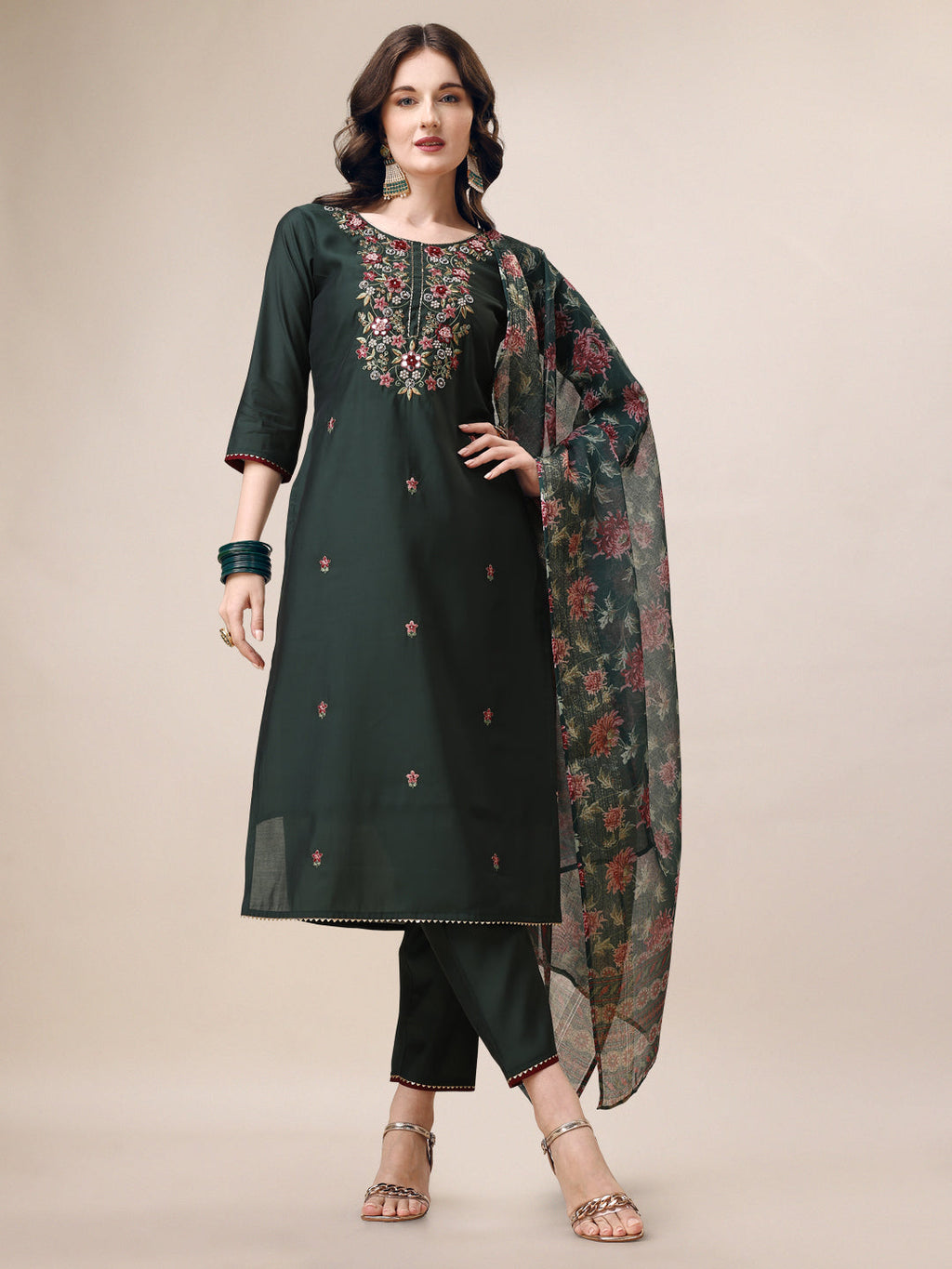 Embroidered Kurta With Pant & Dupatta Set, Multicolor - Hiral Fashion - Distacart
