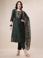 Embroidered Kurta With Pant & Dupatta Set, Multicolor - Hiral Fashion - Distacart
