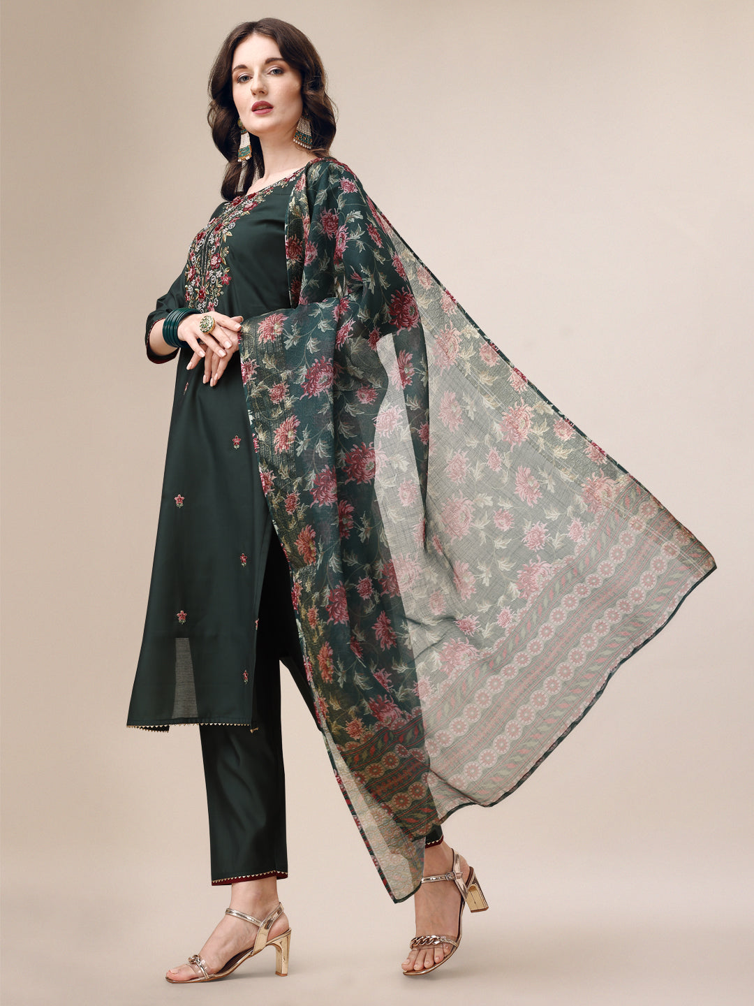 Embroidered Kurta With Pant & Dupatta Set, Multicolor - Hiral Fashion - Distacart