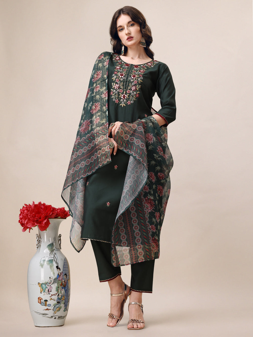 Embroidered Kurta With Pant & Dupatta Set, Multicolor - Hiral Fashion - Distacart