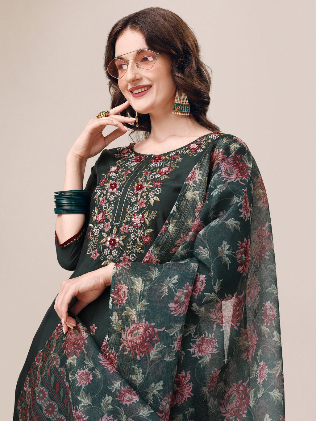Embroidered Kurta With Pant & Dupatta Set, Multicolor - Hiral Fashion - Distacart