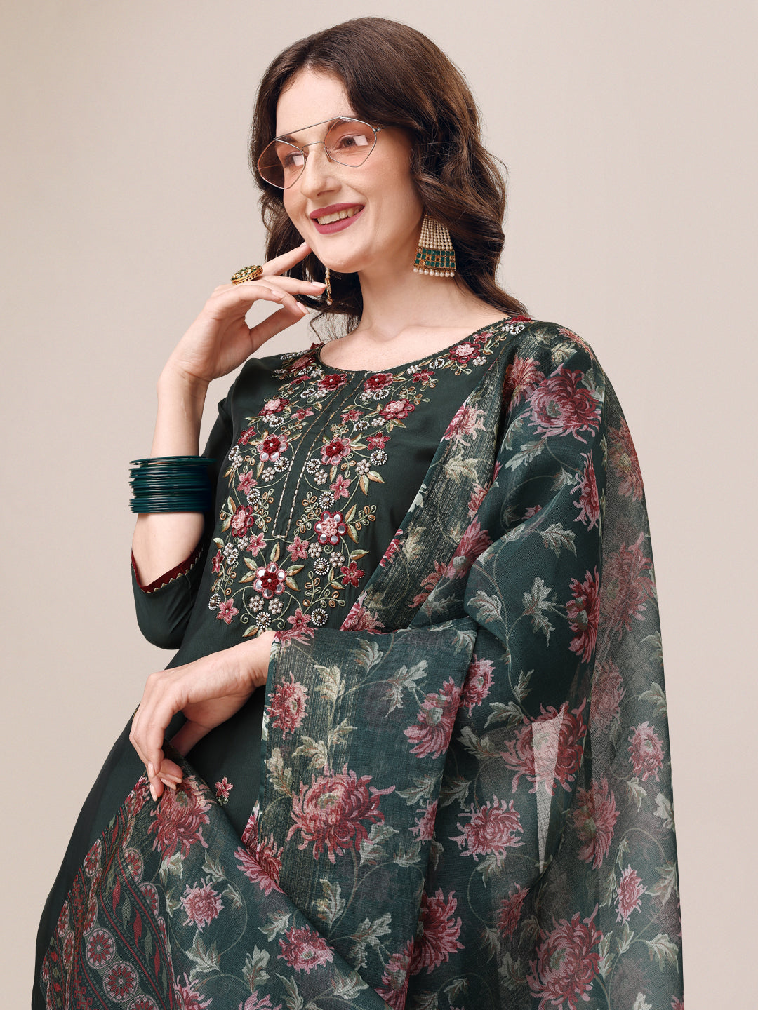 Embroidered Kurta With Pant & Dupatta Set, Multicolor - Hiral Fashion - Distacart