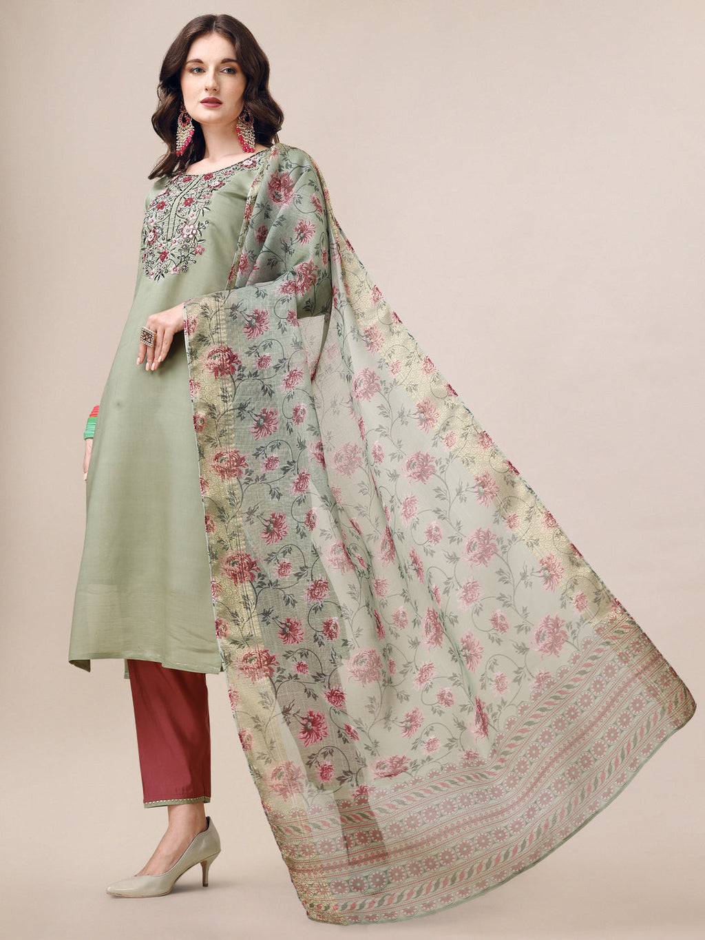 Embroidered Kurta With Pant & Printed Dupatta Set, Multicolor - Hiral Fashion - Distacart