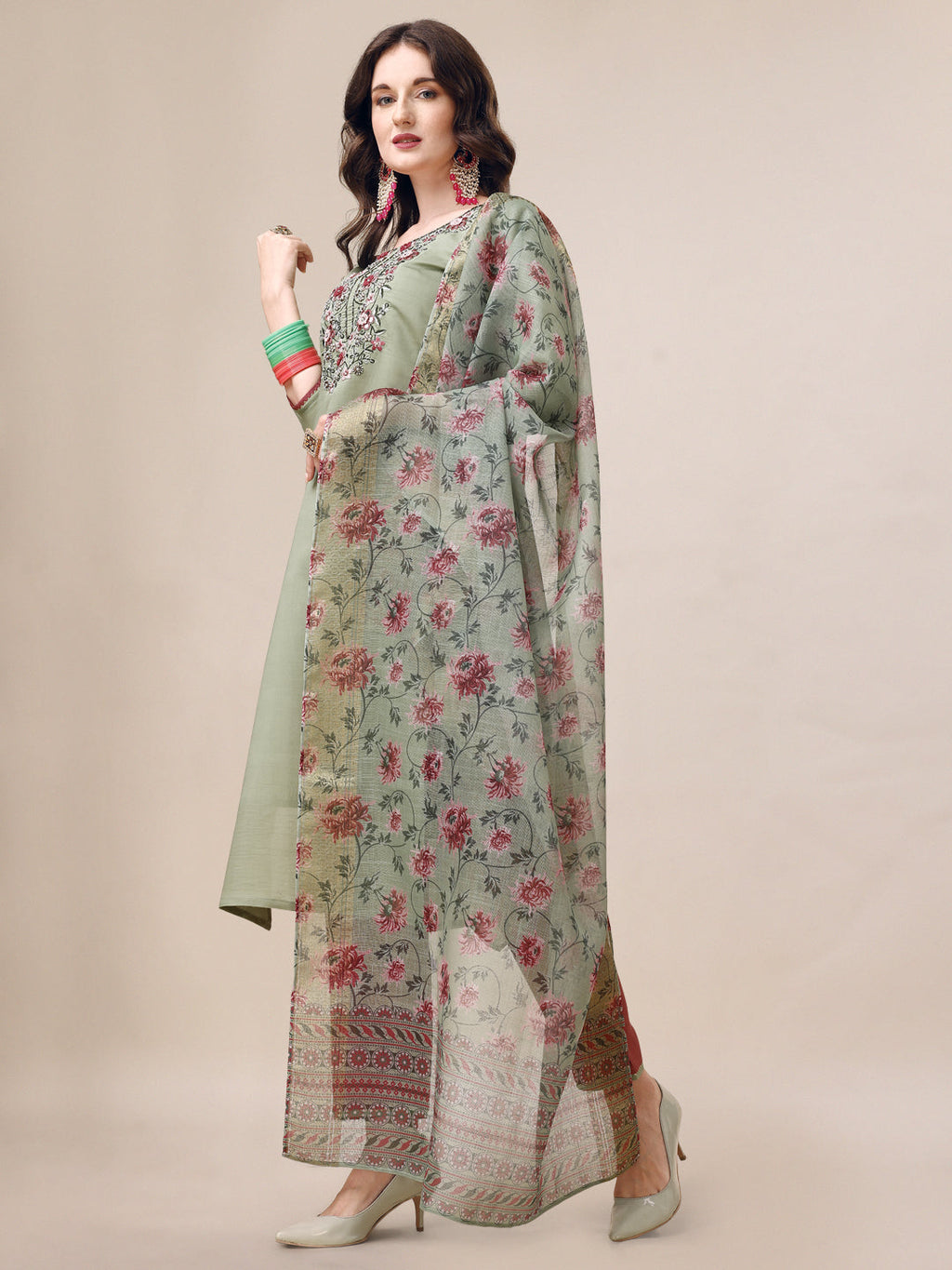 Embroidered Kurta With Pant & Printed Dupatta Set, Multicolor - Hiral Fashion - Distacart