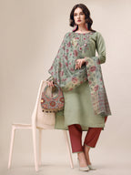 Embroidered Kurta With Pant & Printed Dupatta Set, Multicolor - Hiral Fashion - Distacart