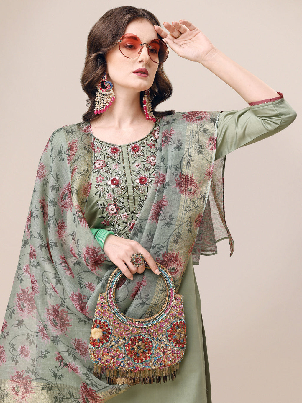Embroidered Kurta With Pant & Printed Dupatta Set, Multicolor - Hiral Fashion - Distacart