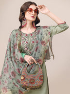 Embroidered Kurta With Pant & Printed Dupatta Set, Multicolor - Hiral Fashion - Distacart