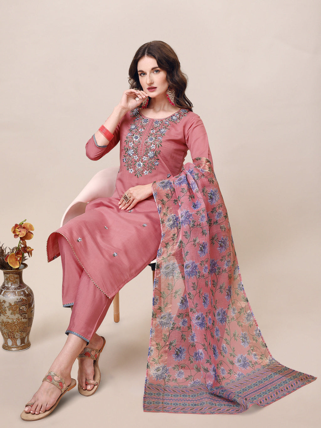Embroidered Kurta With Pant & Printed Dupatta Set, Multicolor - Hiral Fashion - Distacart