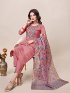 Embroidered Kurta With Pant & Printed Dupatta Set, Multicolor - Hiral Fashion - Distacart