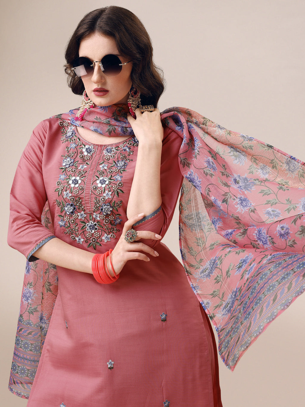 Embroidered Kurta With Pant & Printed Dupatta Set, Multicolor - Hiral Fashion - Distacart