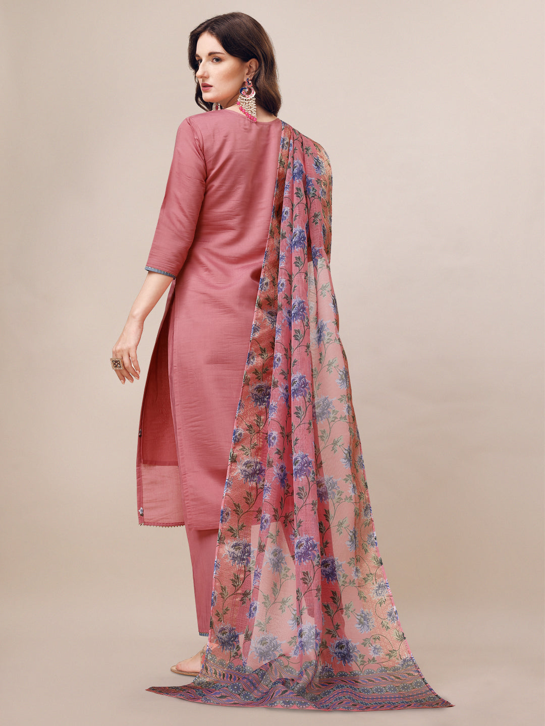 Embroidered Kurta With Pant & Printed Dupatta Set, Multicolor - Hiral Fashion - Distacart