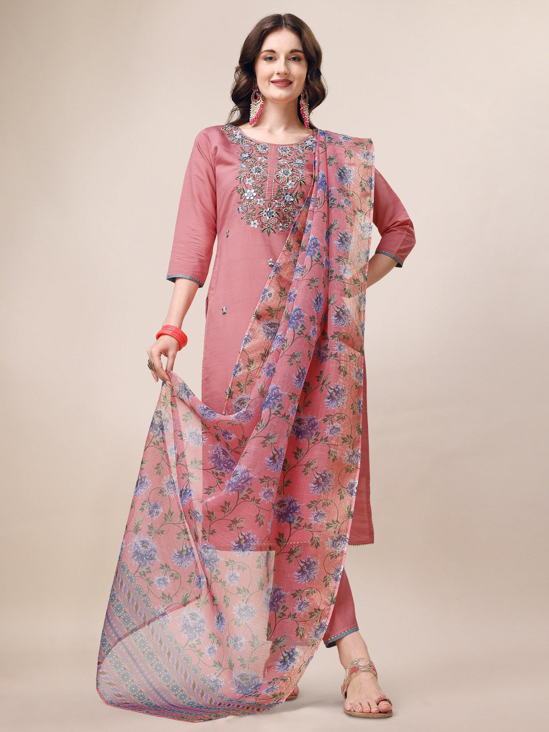Embroidered Kurta With Pant & Printed Dupatta Set, Multicolor - Hiral Fashion - Distacart